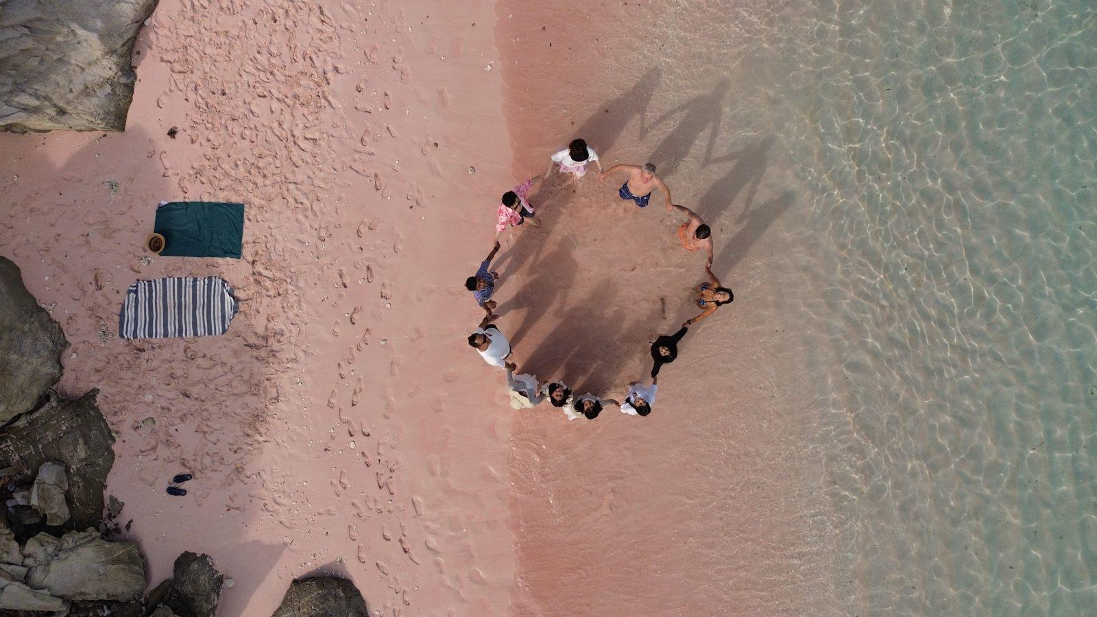 Pink Beach – Aerial group circle, pink sand, turquoise water (Foto real de un viaje de Komodo Explorer)